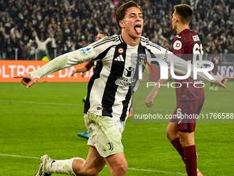 Kenan Yildiz of Juventus celebrates after scoring a goal during the Serie A match between Juventus and Torino FC at Allianz Stadium in Turin...