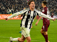 Kenan Yildiz of Juventus celebrates after scoring a goal during the Serie A match between Juventus and Torino FC at Allianz Stadium in Turin...