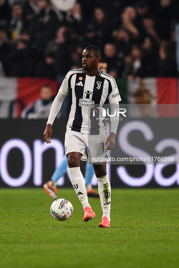 Pierre Kalulu plays for Juventus during the Serie A match between Juventus and Torino FC at Allianz Stadium in Turin, Italy, on November 9,...