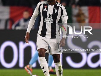 Pierre Kalulu plays for Juventus during the Serie A match between Juventus and Torino FC at Allianz Stadium in Turin, Italy, on November 9,...