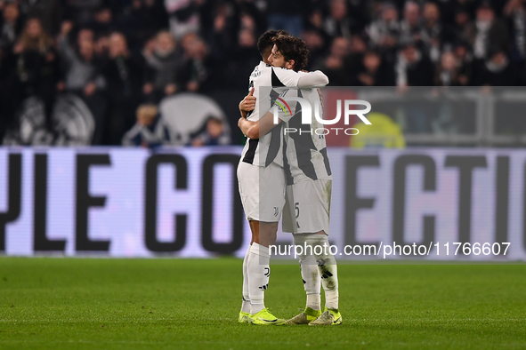 Danilo embraces Manuel Locatelli after the Serie A match between Juventus and Torino FC at Allianz Stadium in Turin, Italy, on November 9, 2...