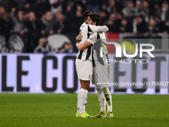 Danilo embraces Manuel Locatelli after the Serie A match between Juventus and Torino FC at Allianz Stadium in Turin, Italy, on November 9, 2...