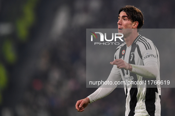 Dusan Vlahovic shows disappointment during the Serie A match between Juventus and Torino FC at Allianz Stadium in Turin, Italy, on November...