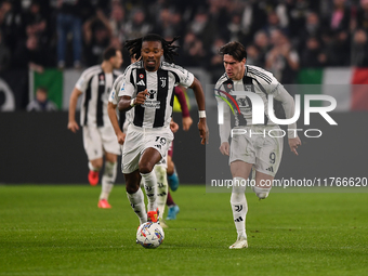 Khephren Thuram and Dusan Vlahovic of Juventus participate in the Serie A match between Juventus and Torino FC at Allianz Stadium in Turin,...