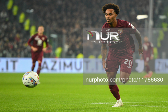 Valentino Lazaro of Torino plays during the Serie A match between Juventus and Torino FC at Allianz Stadium in Turin, on November 9, 2024. 