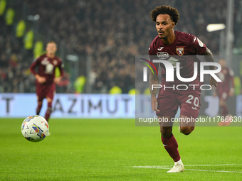 Valentino Lazaro of Torino plays during the Serie A match between Juventus and Torino FC at Allianz Stadium in Turin, on November 9, 2024. (