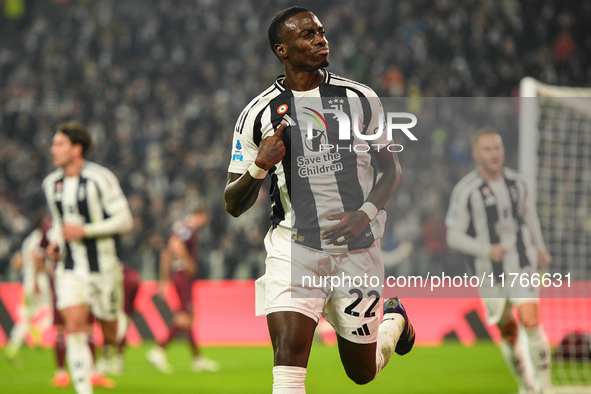 Timothy Weah of Juventus celebrates after scoring during the Serie A match between Juventus and Torino FC at Allianz Stadium in Turin, Italy...