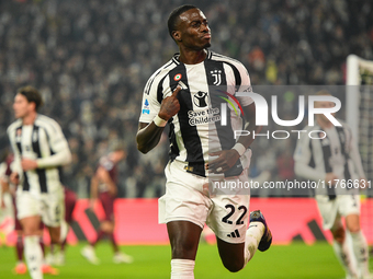 Timothy Weah of Juventus celebrates after scoring during the Serie A match between Juventus and Torino FC at Allianz Stadium in Turin, Italy...