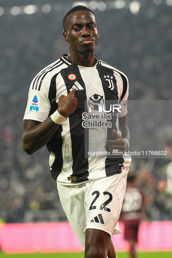 Timothy Weah of Juventus celebrates after scoring during the Serie A match between Juventus and Torino FC at Allianz Stadium in Turin, Italy...