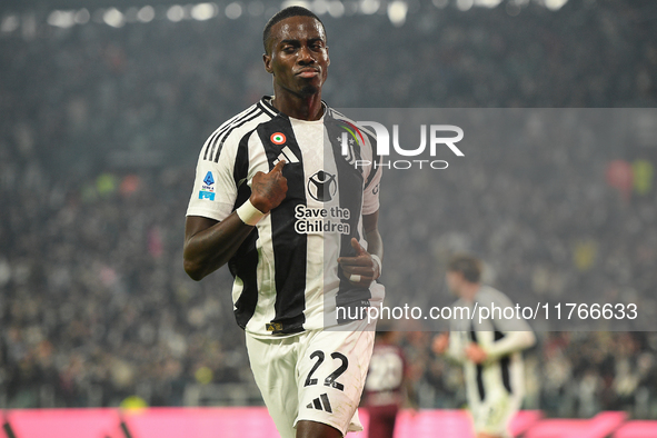 Timothy Weah of Juventus celebrates after scoring during the Serie A match between Juventus and Torino FC at Allianz Stadium in Turin, Italy...