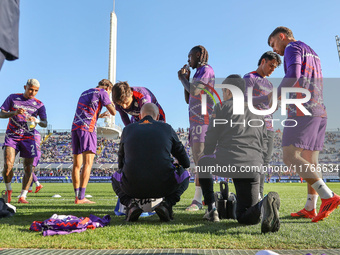 Players of Fiorentina play in the Italian Serie A football match between Fiorentina and Hellas Verona at the Artemio Franchi Stadium in Flor...