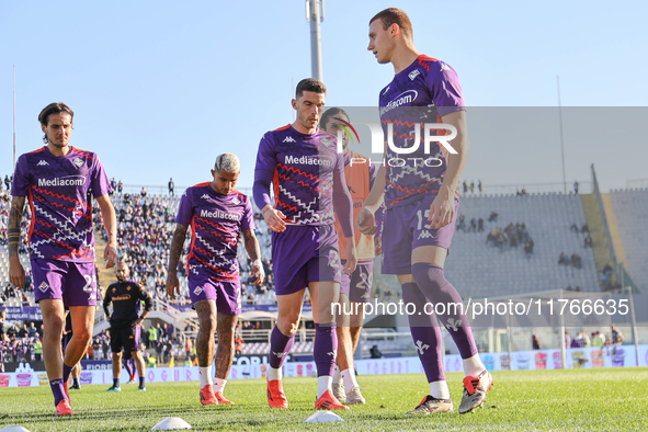 Players of Fiorentina play in the Italian Serie A football match between Fiorentina and Hellas Verona at the Artemio Franchi Stadium in Flor...