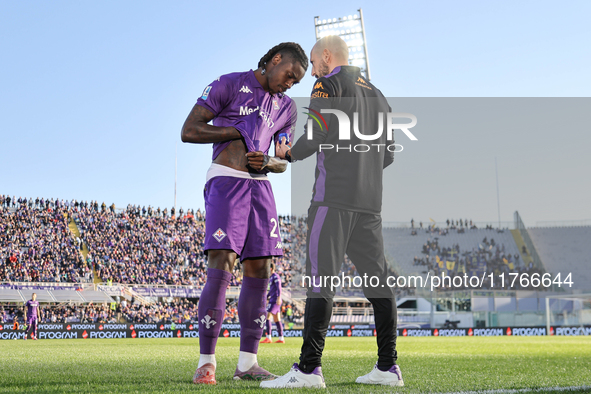 Moise Kean participates in the Italian Serie A football match between Fiorentina and Hellas Verona at the Artemio Franchi Stadium in Florenc...