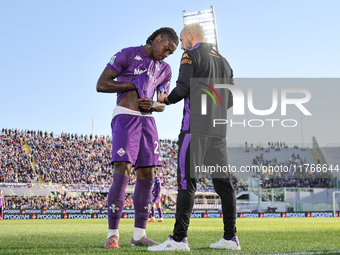 Moise Kean participates in the Italian Serie A football match between Fiorentina and Hellas Verona at the Artemio Franchi Stadium in Florenc...