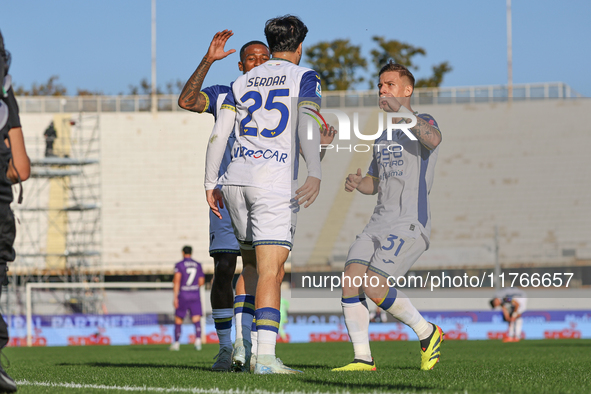 Serdar celebrates after scoring his team's goal during the Italian Serie A football match between Fiorentina and Hellas Verona at the Artemi...