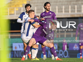 Yacine Adli and Robin Gosens participate in the Italian Serie A football match between Fiorentina and Hellas Verona at the Artemio Franchi S...