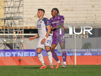 Moise Kean participates in the Italian Serie A football match between Fiorentina and Hellas Verona in Florence, Italy, on November 10, 2024,...