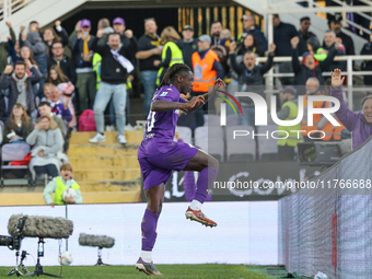 Moise Kean of Fiorentina celebrates after scoring his team's goal during the Italian Serie A football match between Fiorentina and Hellas Ve...