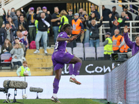 Moise Kean of Fiorentina celebrates after scoring his team's goal during the Italian Serie A football match between Fiorentina and Hellas Ve...