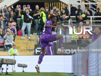 Moise Kean of Fiorentina celebrates after scoring his team's goal during the Italian Serie A football match between Fiorentina and Hellas Ve...