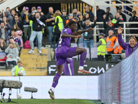 Moise Kean of Fiorentina celebrates after scoring his team's goal during the Italian Serie A football match between Fiorentina and Hellas Ve...