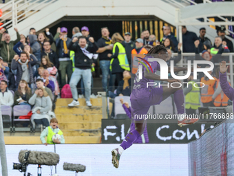 Moise Kean of Fiorentina celebrates after scoring his team's goal during the Italian Serie A football match between Fiorentina and Hellas Ve...