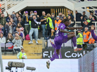 Moise Kean of Fiorentina celebrates after scoring his team's goal during the Italian Serie A football match between Fiorentina and Hellas Ve...