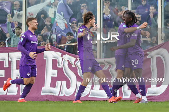 Moise Kean of Fiorentina celebrates after scoring his team's goal during the Italian Serie A football match between Fiorentina and Hellas Ve...