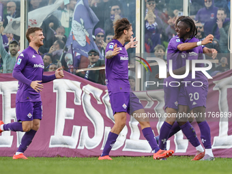 Moise Kean of Fiorentina celebrates after scoring his team's goal during the Italian Serie A football match between Fiorentina and Hellas Ve...