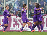 Moise Kean of Fiorentina celebrates after scoring his team's goal during the Italian Serie A football match between Fiorentina and Hellas Ve...