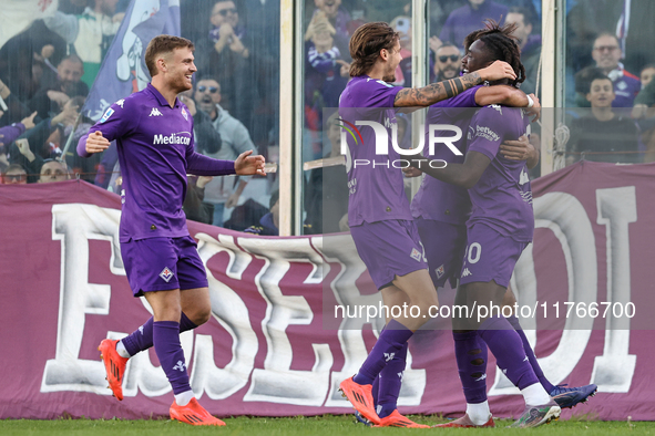 Moise Kean of Fiorentina celebrates after scoring his team's goal during the Italian Serie A football match between Fiorentina and Hellas Ve...