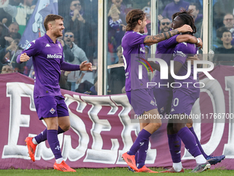 Moise Kean of Fiorentina celebrates after scoring his team's goal during the Italian Serie A football match between Fiorentina and Hellas Ve...