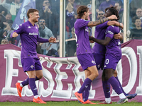 Moise Kean of Fiorentina celebrates after scoring his team's goal during the Italian Serie A football match between Fiorentina and Hellas Ve...