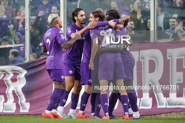 Moise Kean of Fiorentina celebrates after scoring his team's goal during the Italian Serie A football match between Fiorentina and Hellas Ve...