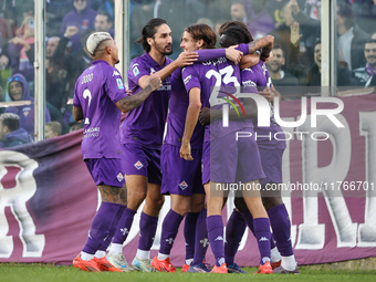 Moise Kean of Fiorentina celebrates after scoring his team's goal during the Italian Serie A football match between Fiorentina and Hellas Ve...