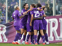 Moise Kean of Fiorentina celebrates after scoring his team's goal during the Italian Serie A football match between Fiorentina and Hellas Ve...