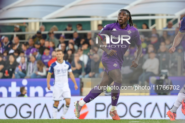 Moise Kean participates in the Italian Serie A football match between Fiorentina and Hellas Verona in Florence, Italy, on November 10, 2024,...