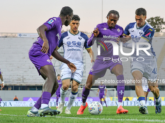 Christian Kouame controls the ball during the Italian Serie A football match between Fiorentina and Hellas Verona in Florence, Italy, on Nov...