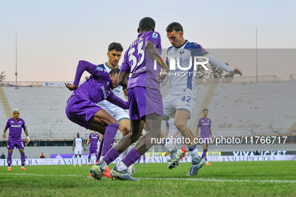 Christian Kouame controls the ball during the Italian Serie A football match between Fiorentina and Hellas Verona in Florence, Italy, on Nov...