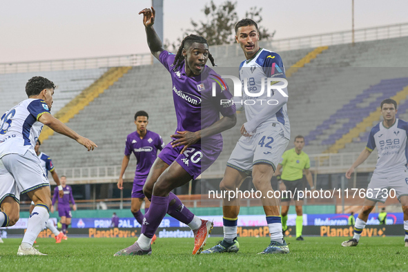 Moise Kean participates in the Italian Serie A football match between Fiorentina and Hellas Verona in Florence, Italy, on November 10, 2024,...