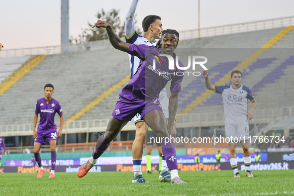 Moise Kean participates in the Italian Serie A football match between Fiorentina and Hellas Verona in Florence, Italy, on November 10, 2024,...