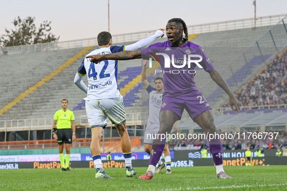 Moise Kean participates in the Italian Serie A football match between Fiorentina and Hellas Verona in Florence, Italy, on November 10, 2024,...