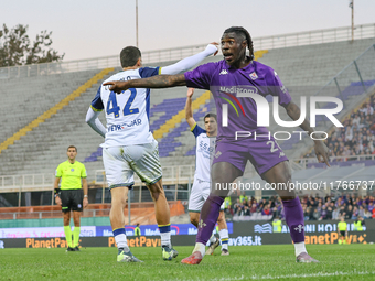 Moise Kean participates in the Italian Serie A football match between Fiorentina and Hellas Verona in Florence, Italy, on November 10, 2024,...