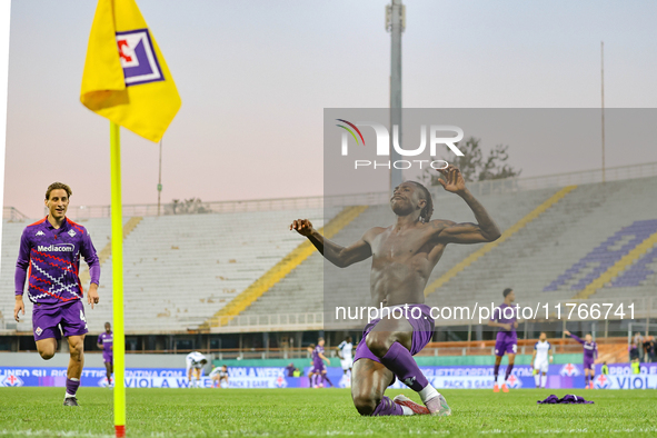 Moise Kean of Fiorentina celebrates after scoring his team's goal during the Italian Serie A football match between Fiorentina and Hellas Ve...