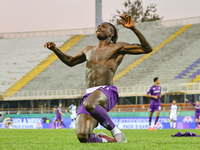 Moise Kean of Fiorentina celebrates after scoring his team's goal during the Italian Serie A football match between Fiorentina and Hellas Ve...