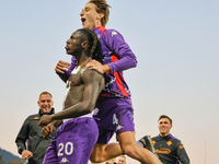 Moise Kean of Fiorentina celebrates after scoring his team's goal during the Italian Serie A football match between Fiorentina and Hellas Ve...