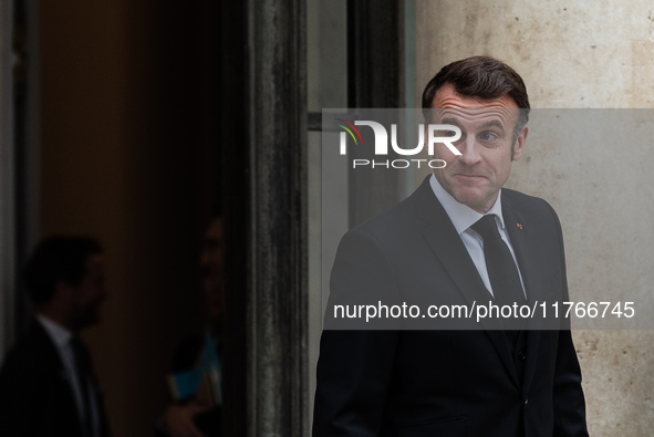 French President Emmanuel Macron receives British Prime Minister Keri Starmer at the Elysee Palace during celebrations marking the 106th ann...