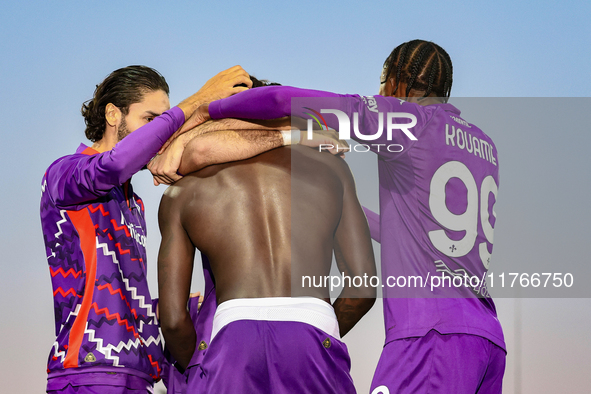 Moise Kean of Fiorentina celebrates after scoring his team's goal during the Italian Serie A football match between Fiorentina and Hellas Ve...