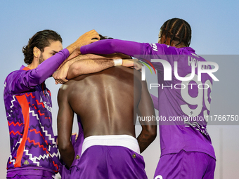 Moise Kean of Fiorentina celebrates after scoring his team's goal during the Italian Serie A football match between Fiorentina and Hellas Ve...