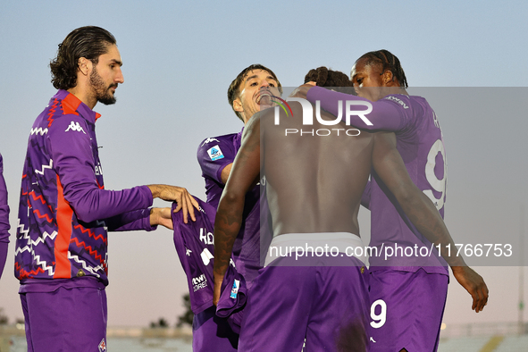 Moise Kean of Fiorentina celebrates after scoring his team's goal during the Italian Serie A football match between Fiorentina and Hellas Ve...